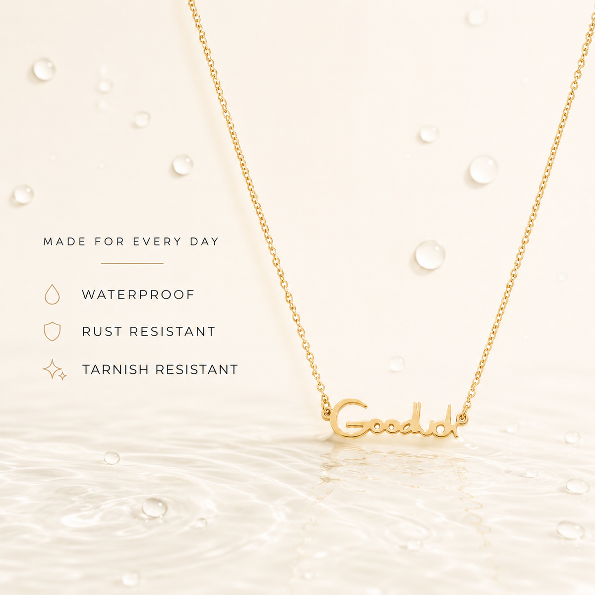 Waterproof stainless steel gold Goodluck script necklace dipping in water, rust-resistant and tarnish-free.