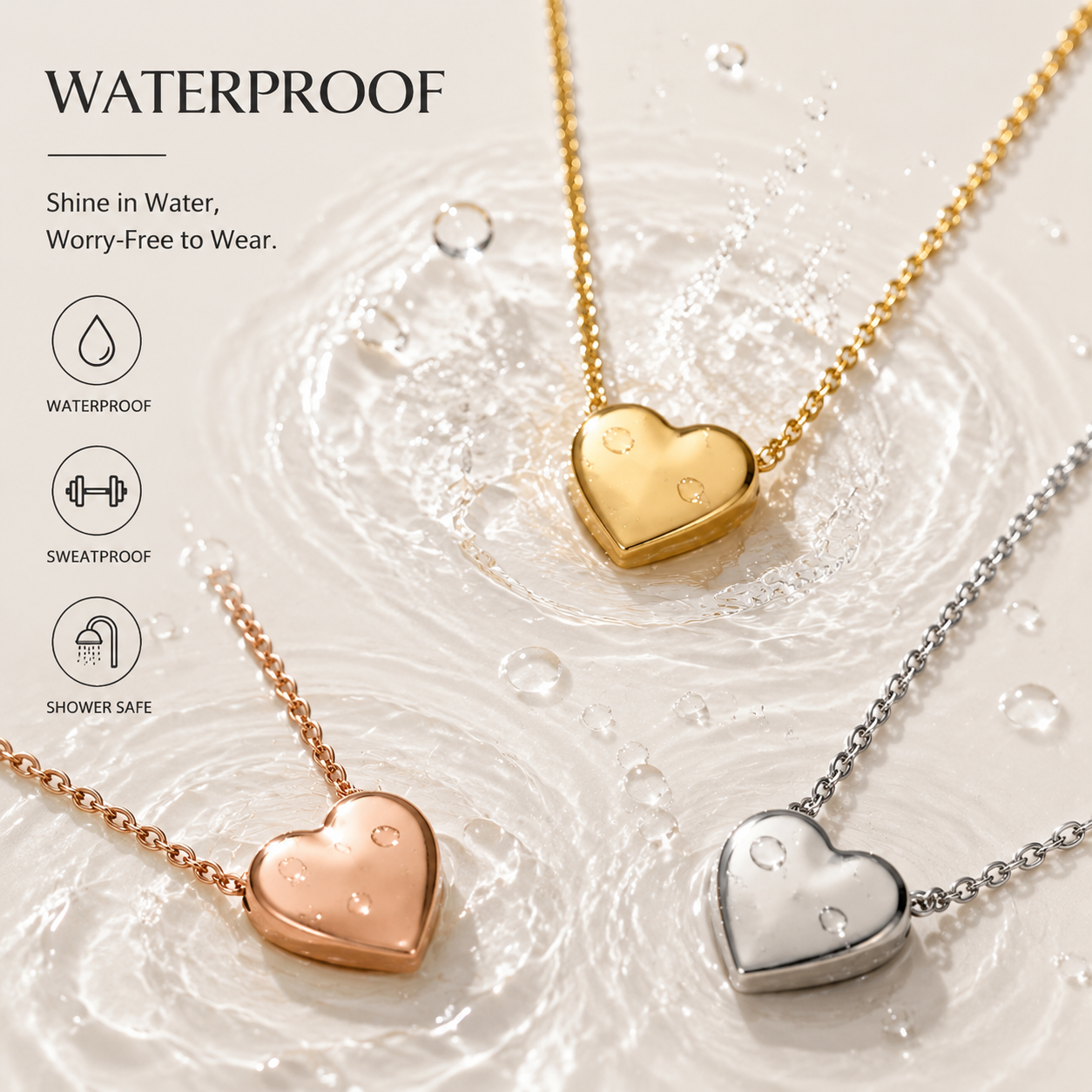 Waterproof heart necklaces in gold, rose gold, and silver splashing in water, sweatproof and shower-safe stainless steel jewelry