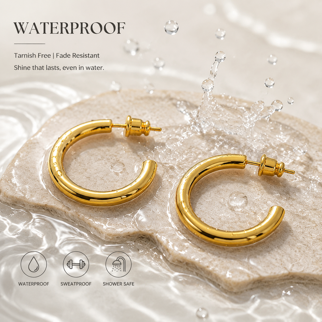 Waterproof 18K gold hoop earrings on wet stone with water splash, tarnish-free sweatproof shower-safe