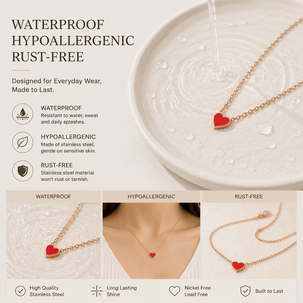 Waterproof hypoallergenic rust-free red heart necklace infographic showing water test, model wearing, and chain detail, stainless steel