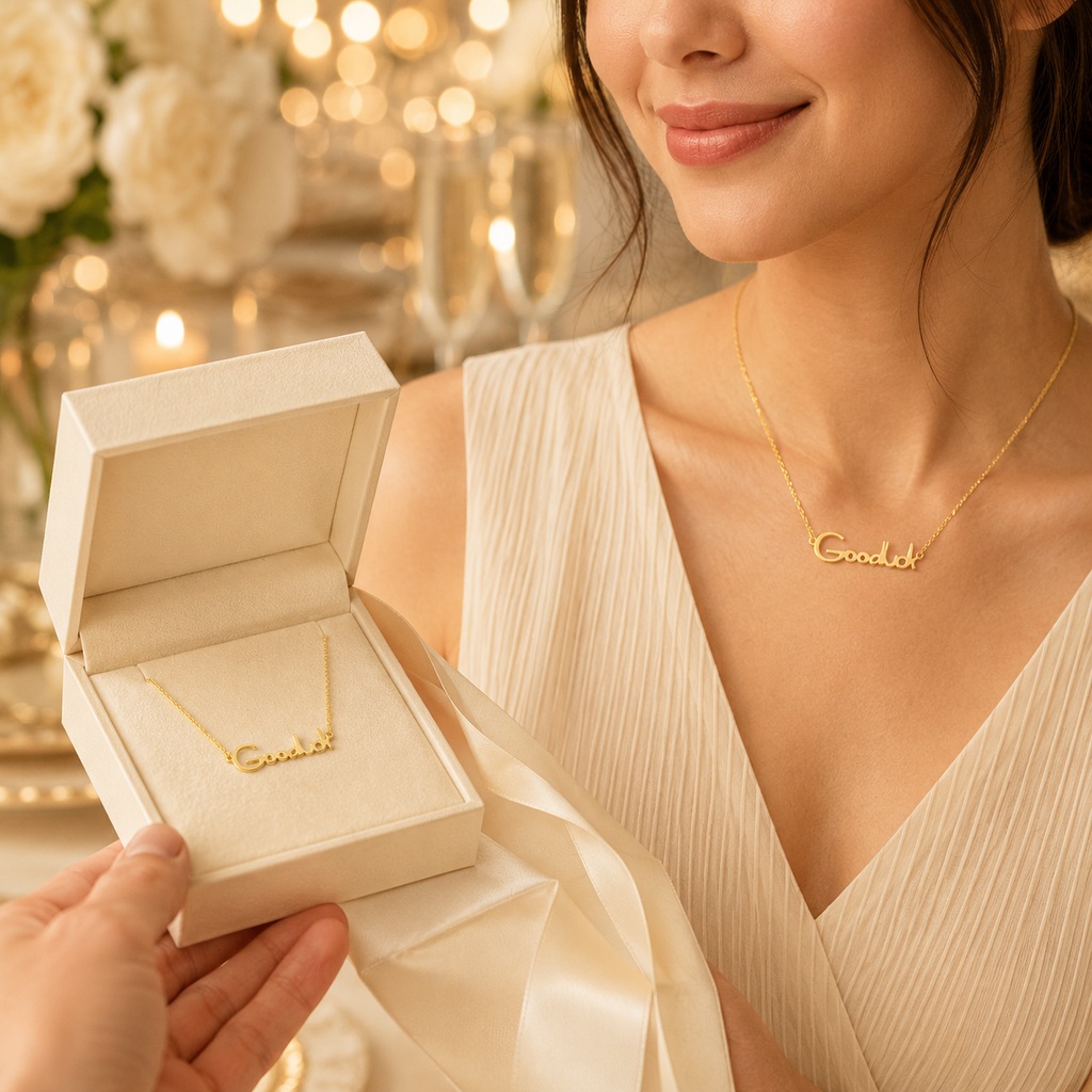 Woman wearing a gold Goodluck pendant necklace while receiving a matching script necklace in a white gift box.